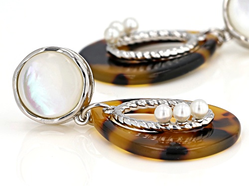 Pacific Style™Imitation Tortoise Shell, Mother-of-Pearl, & Cultured Freshwater Pearl Silver Earrings