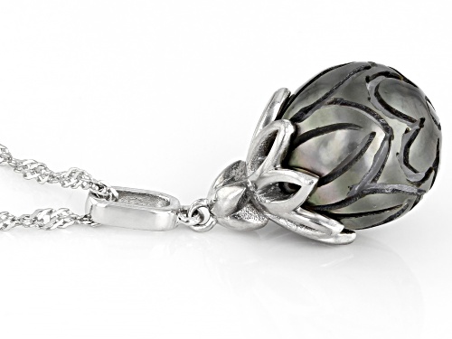 Pacific Style™ Hand Carved Black Cultured Tahitian Pearl Rhodium Over Silver Pendant With Chain