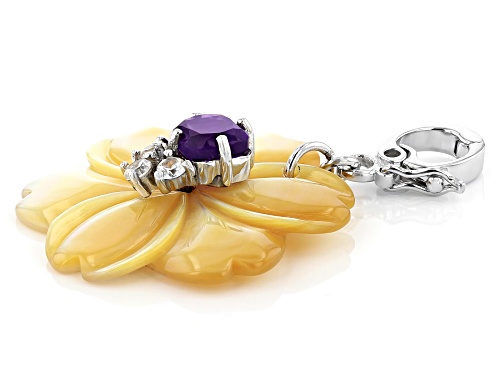 Pacific Style™ 35mm Mother-of-Pearl, 2.18ctw Amethyst & Zircon Rhodium Over Silver Hibiscus Enhancer