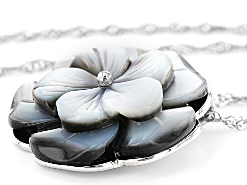 Pacific Style™ 25mm Gray Mother-Of-Pearl Rhodium Over Sterling Silver Flower Pendant With 18