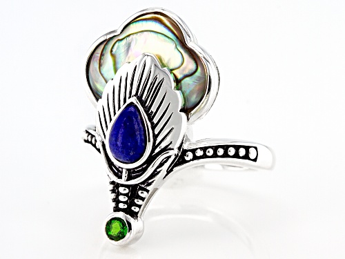 Pacific Style™ Abalone Shell, Lapis, & 0.07ct Chrome Diopside Sterling Silver Peacock Feather Ring - Size 8