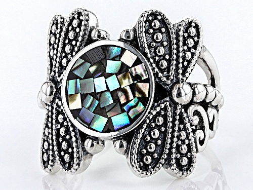 Pacific Style™ Mosaic Abalone Shell Sterling Silver Dragonflies Ring - Size 7