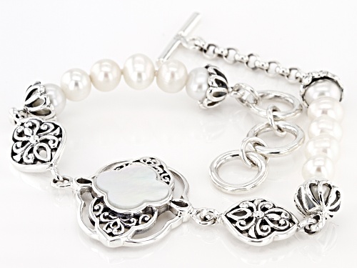 Pacific Style™ Mother-of-Pearl & Cultured Freshwater Pearl Sterling Silver Filigree Design Bracelet - Size 7.5