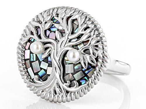 Pacific Style™ Mosaic Abalone & Cultured Freshwater Pearl Rhodium Over Silver Tree of Life Ring - Size 7