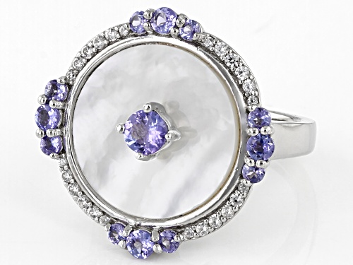 Pacific Style™ White Mother-of-Pearl, 0.99ctw Tanzanite & White Zircon Rhodium Over Silver Ring - Size 8