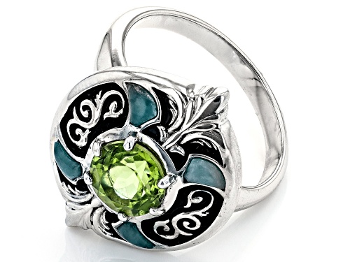 Pacific Style™ 1.12ct Peridot and Inlay Jadeite Rhodium over Sterling Silver Ring - Size 9