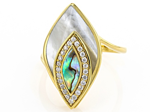 Pacific Style™ Mother-of-Pearl, Abalone Shell &  White Zircon 18K Yellow Gold Over Silver Ring - Size 7