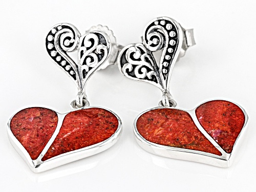 Pacific Style™ Red Coral Inlay Sterling Silver Heart Dangle Earrings