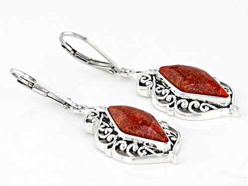 Pacific Style™ 16x7mm Red Sponge Coral Rhodium Over Sterling Silver Earrings