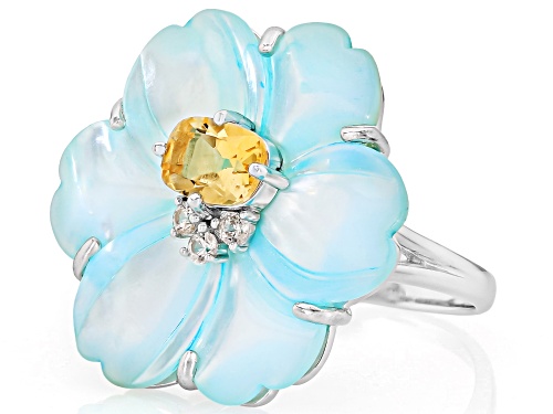 Pacific Style™ Blue Mother-of-Pearl With 0.99ctw Citrine & White Zircon Rhodium Over Silver Ring - Size 10