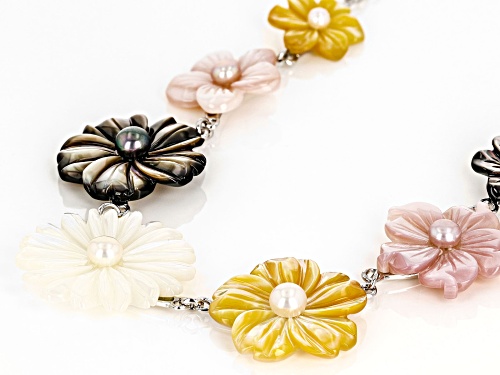 Pacific Style™ Mother-of-Pearl and Cultured Freshwater Pearl Rhodium Over Silver Flower Necklace - Size 20