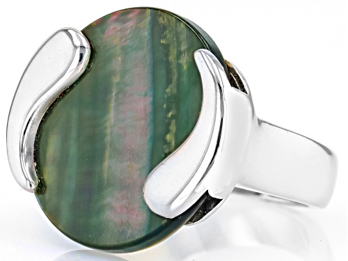 Pacific Style™ Round Black Mother-of-Pearl Rhodium Over Sterling Silver Ring - Size 6
