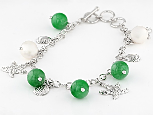 Pacific Style™ 10mm Cultured Freshwater Pearl & Jadeite Sterling Silver Charm Bracelet - Size 7.25