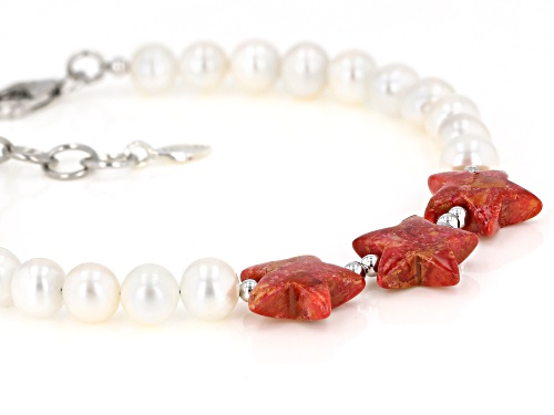 Pacific Style™ Red Sponge Coral & Mother-of-Pearl Rhodium Over Sterling Silver Star Bracelet - Size 7.5