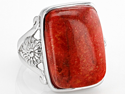 Pacific Style™ Red Sponge Coral Rhodium Over Brass Seashell Design Ring - Size 6