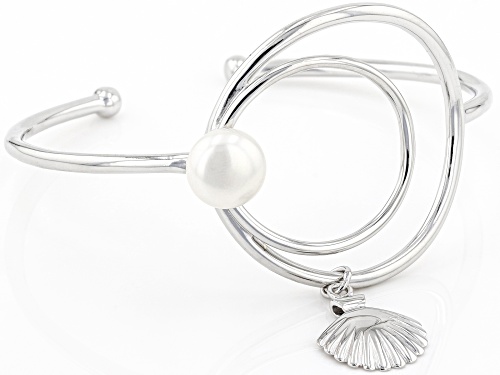 Pacific Style™ Cultured Freshwater Pearl Rhodium Over Brass Seashell Charm Cuff Bracelet