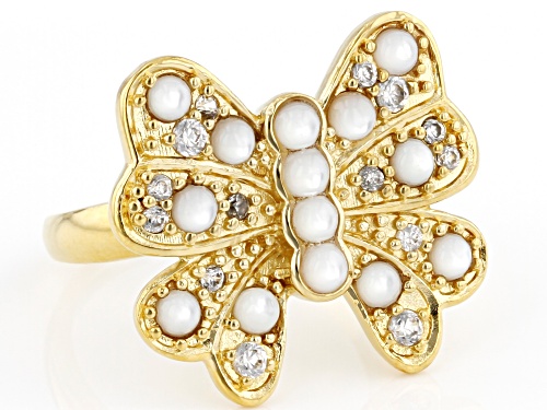 Pacific Style™ Mother-Of-Pearl & 0.38ctw White Zircon 18K Yellow Gold Over Brass Butterfly Ring - Size 9