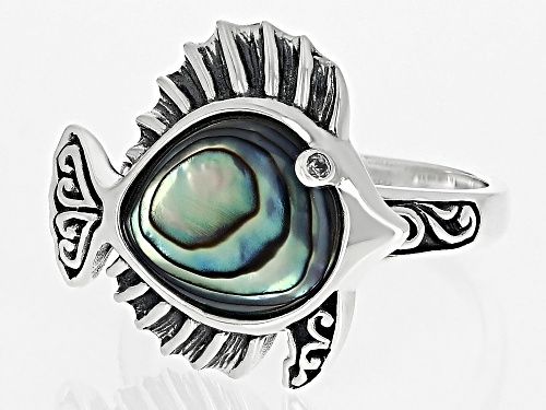 Pacific Style™ Abalone Shell & 0.02ct White Zircon Rhodium Over Silver Aquatic Fish Ring - Size 8