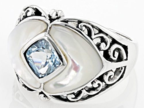 Pacific Style™ 12x10mm Mother-of-Pearl & 1.02ct Glacier Topaz™ Rhodium Over Silver Ring - Size 9