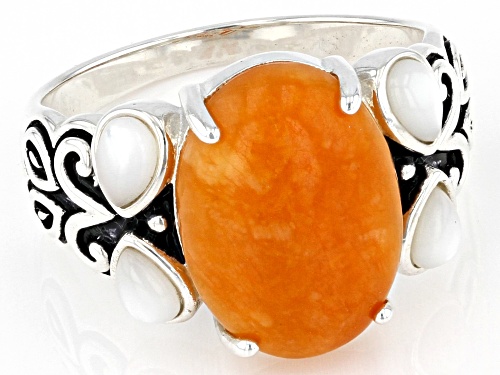 Pacific Style™ 14x10mm Orange Jadeite With Mother-of-Pearl Rhodium Over Silver Ring - Size 9