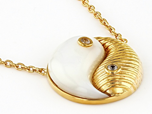 Pacific Style™ White Mother-Of-Pearl With White Zircon 18k Gold Over Silver Yin Yang Necklace - Size 18