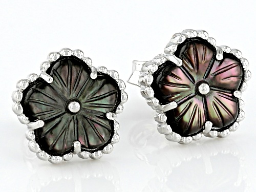 Pacific Style™ 10mm Flower Carved Black Mother-Of-Pearl Rhodium Over Silver Stud Earrings