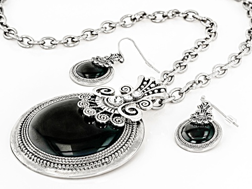 Paula Deen Jewelry™ Black Epoxy & Crystal Silver Tone Earring and Pendant Set