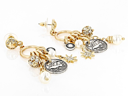 Paula Deen Jewelry™ Gold Tone Coin with Pearl Simulant and White Crystal Dangle Charm Earrings