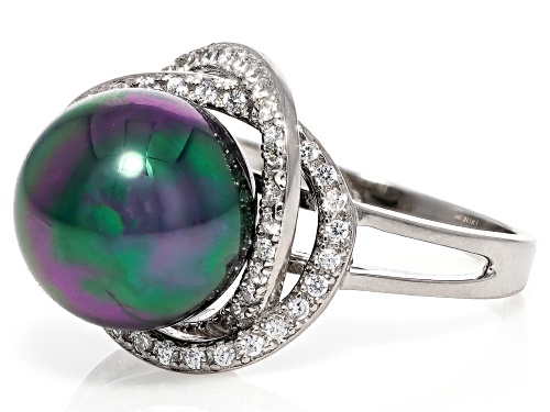 Pearlfection® 12mm Peacock Simulant & Bella Luce® Rhodium Over Sterling Silver Ring - Size 7
