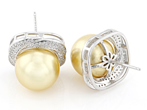 12mm Golden South Sea Simulant & Bella Luce® Rhodium Over Sterling Silver Earrings