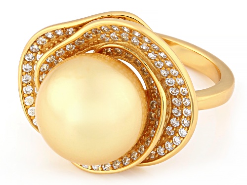 Pearlfection® 12mm Golden South Sea Simulant With Bella Luce® 18k Yellow Gold Over Silver Ring - Size 7
