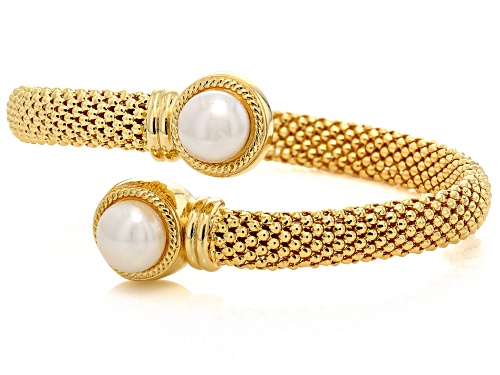 9mm White Cultured Freshwater Pearl 18k Yellow Gold Over Bronze Mesh Bypass Bangle