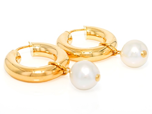Genusis™ 10-12mm White Cultured Freshwater Pearl 18k Yellow Gold Over Bronze Hoop Earrings
