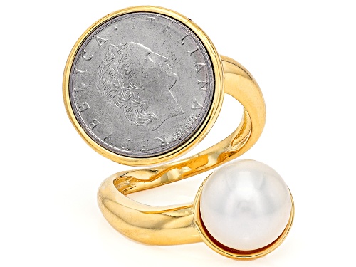 10mm Cultured Freshwater Pearl With Genuine 50 Lire Coin 18k Gold Over Bronze Ring - Size 11