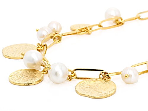 Perla Milano™ 10mm Cultured Freshwater Pearl With Replica Lire Coin 18k Gold Over Bronze Necklace - Size 18