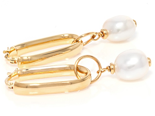 Genusis™ 10mm White Cultured Freshwater Pearl 18k Yellow Gold Over Bronze Hoop Earrings