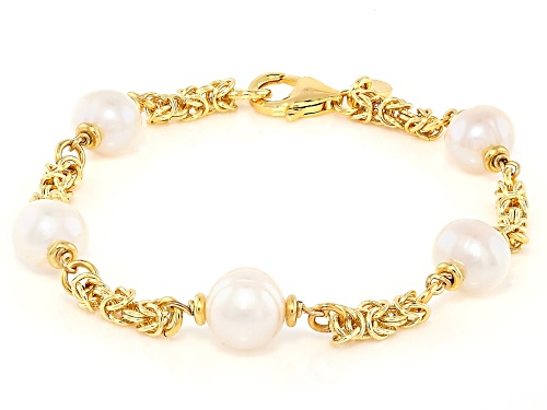 8mm White Cultured Freshwater Pearl 18k Yellow Gold Over Bronze Station Bracelet - Size 8