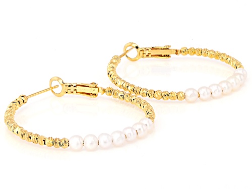 4mm White Cultured Freshwater Pearl 18k Yellow Gold Over Bronze Hoop Earrings