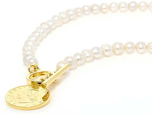 6mm Cultured Freshwater Pearl With Genuine 20 Lire Coin 18k Gold Over Bronze Necklace - Size 18