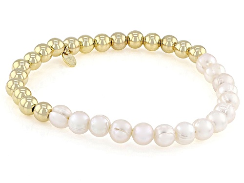 6mm White Cultured Freshwater Pearl 18k Yellow Gold Over Bronze Stretch Bracelet
