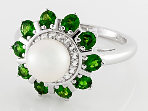 7mm White Cultured Freshwater Pearl With White Topaz And Chrome Diopside Rhodium Over Silver Ring - Size 11