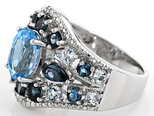 1.91ct Swiss Blue Topaz, 1.86ctw Blue Topaz & .03ctw Diamond Accent Rhodium Over Silver Ring - Size 7