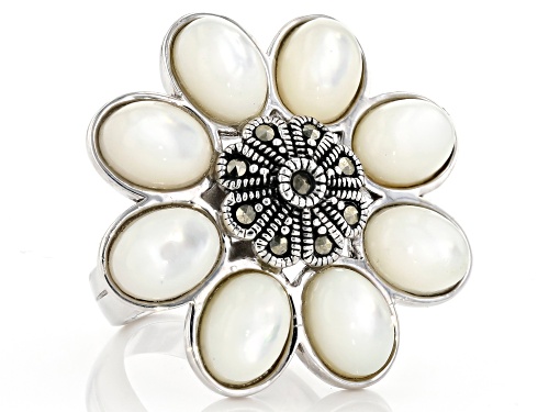 8X6mm oval white mother-of-pearl with round marcasite rhodium over sterling silver ring - Size 5