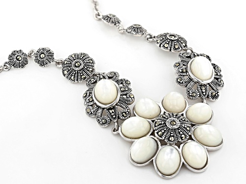 9X7mm oval white mother-of-pearl with round marcasite rhodium over sterling silver necklace - Size 18
