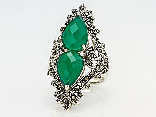 14x9mm pear shape green agate with round marcasite rhodium over sterling silver 2-stone ring - Size 5