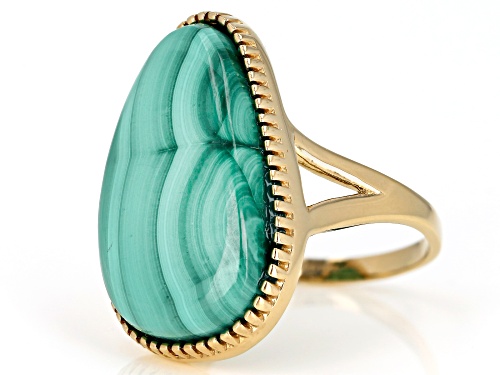 25X16mm fancy cut cabochon malachite solitaire 18k yellow gold over sterling silver ring - Size 7
