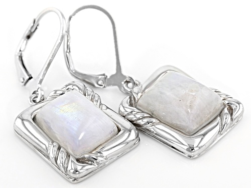 11x9mm Baguette Rainbow Moonstone Rhodium Over Sterling Silver Dangle Earrings