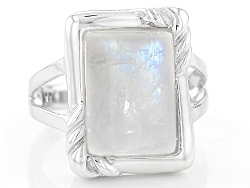 14x10mm Baguette Rainbow Moonstone Rhodium Over Sterling Silver Solitaire Ring - Size 6