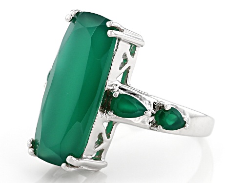 20X8mm rectangular with 5X3 & 4X3mm pear shape green onyx rhodium over sterling silver ring - Size 10