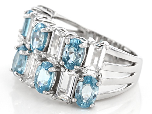 4.76ctw oval blue zircon and 2.59ctw baguette white topaz rhodium over sterling silver band ring - Size 5